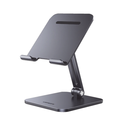 Soporte de Aluminio para IPad & Tablet | Plegable |Angulo Ajustable de 180° y 270° | Base Antideslizante | Protección  de Silicona | Amplia Compatibilidad con dispositivos de 7.9» a 12.9» | Aluminio Solido | Color Gris