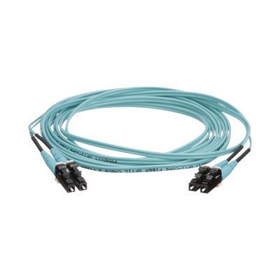 Jumper de Fibra Óptica Multimodo 50/125 OM4, LC-LC Duplex, OFNR (Riser), Color Aqua, 4 Metros (13.12 Pies)