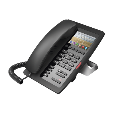 Teléfono IP Hotelero / Pantalla LCD Color 3.5″ / 2 Líneas SIP / 6 Teclas Programables Hotline / Puerto USB Carga / PoE 802.3af / Personalizable con Logo Hotel