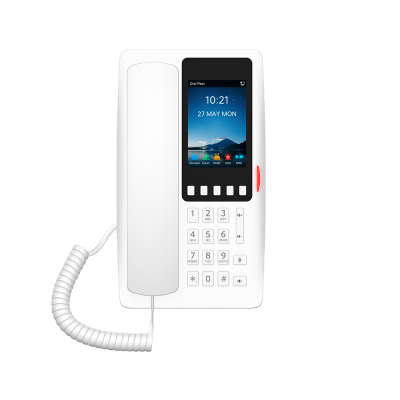 Teléfono IP Hotelero Wi-Fi 6 / Pantalla IPS 3.5″ 320×480 / 2 Líneas SIP / 5 Teclas Programables / Puerto USB-A / PoE 802.3af / Audio HD / Diseño Blanco