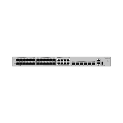 Switch Empresarial Core Gigabit Administrable Capa 3 / 24 puertos 1GE SFP ( Combo con 8 Puertos 10/100/1000 Mbps) / 4 Puertos 10GE SFP+ Uplink / 2 Puertos 10GE SFP+ (Stack) / ERPS / Ruteo Dinámico (RIP, OSPF, IS-IS y BGP) / iStack / Administraci&