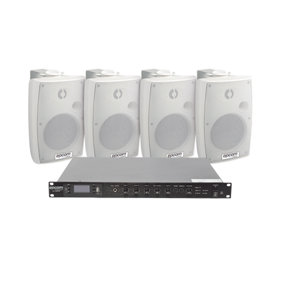 KIT de Amplificador de Audio 120W para Rack | 4 Altavoces de Pared color Blanco 2.5W – 20W | Sistema 70/100V
