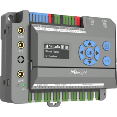 Gateway IoT LoRaWAN para Automatización de Edificios / Quad-Core 1.5 GHz / 8 Canales LoRaWAN / 2,000 Dispositivos / Edge Computing / 4G LTE / KNX + BACnet + Modbus / RS485 + M-Bus