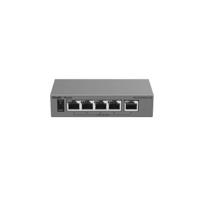 Switch Capa 2 Gestionado en la Nube / 5 Puertos Gigabit / Switching 10 Gbps / Forwarding 7.44 Mpps / Diseño sin Ventilador / Protección 6 kV / Modo CCTV de un Clic / 32 VLANs / Gabinete Metálico / Ruijie Cloud
