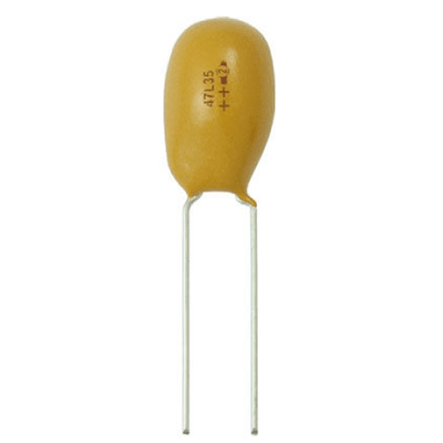 Capacitor de Tántalo / 2.2 µF (2200 nF) / 25 Vcc / Tolerancia 10% / Radial 2.54 mm (0.1 in) / -55°C a +125°C