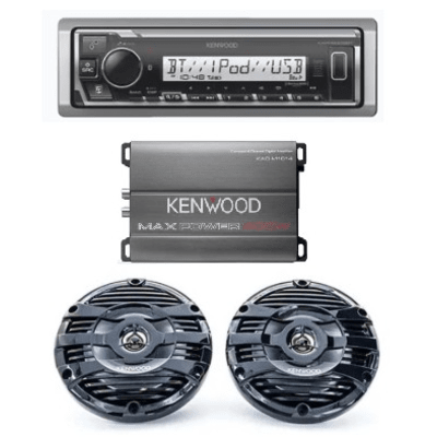 Kit de estéreo marino con Bluetooth / Amplificador Clase D 400W / Bocinas resistentes al agua 50W RMS / Pantalla 255 segmentos