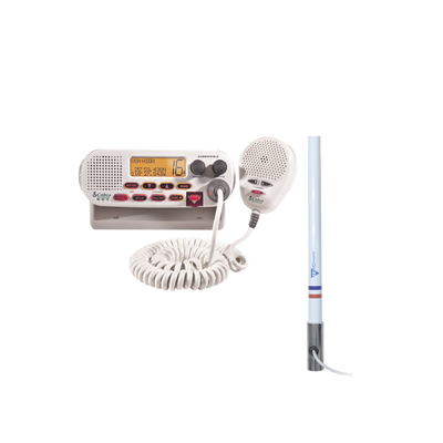 Kit de Radio VHF Marino / Antena Fibra de Vidrio 2.4 m (7.9 ft) / 25 W / DSC / Dual-Watch / PL259 / Base Acero Inoxidable