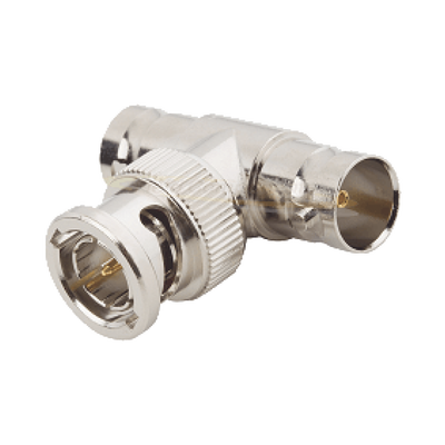 Adaptador RF en T / BNC Macho a Doble BNC Hembra / 50 Ohm / Cuerpo Niquelado / Contacto Oro / Aislante Teflón