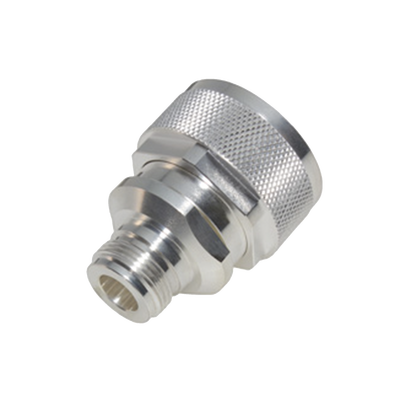 Adaptador de Conector RF / DIN 7-16 Macho a N Hembra / Montaje en Línea / Cuerpo Bronce Plateado / Aislante Teflón