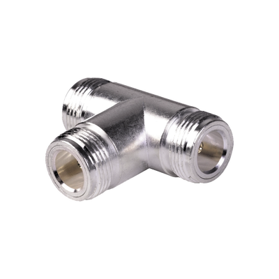 Adaptador RF en T / Triple Conector N Hembra / Cuerpo Bronce Plateado / Contacto Oro / Aislante Teflón