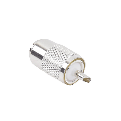 Conector UHF Macho / Compatibilidad RG-8/U y Derivados / Aislante de Teflón / Cuerpo de Bronce Plateado / Rosca Especial