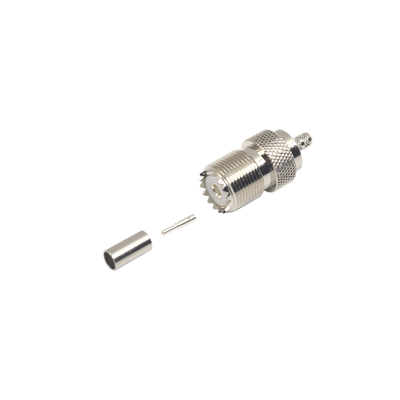 Conector UHF Hembra / SO-239 / Anillo Plegable / Cable RG-58/U y RG-142/U / Níquel y Plata / Delrin