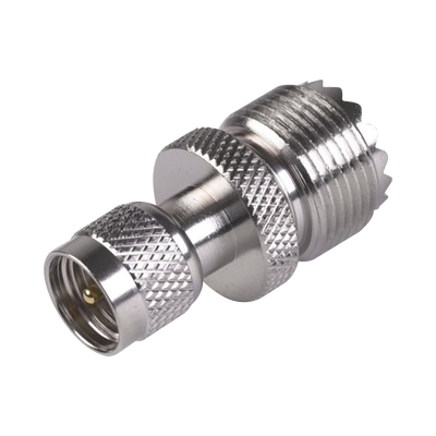 Adaptador Coaxial en Línea / Mini UHF Macho a UHF Hembra (SO-239) / Cuerpo Níquel / Contacto Oro / Aislante Teflón