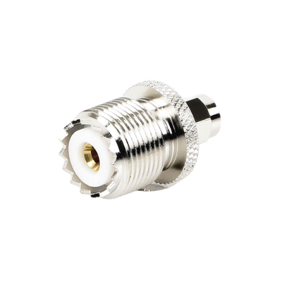 Adaptador Coaxial en Línea / SMA Macho a UHF Hembra (SO-239) / Cuerpo Bronce Niquelado / Contacto Oro / Aislante Teflón