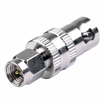 Adaptador RF Coaxial / SMA Macho a BNC Hembra / En Línea / Cuerpo Bronce Niquelado / Contacto Oro / Aislante Teflón