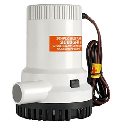 Bomba de Achique Sumergible / 2,000 GPH (7,571 LPH) / 12V CD / Eje Acero Inoxidable / Operación en Seco / Protección Anti-Airlock
