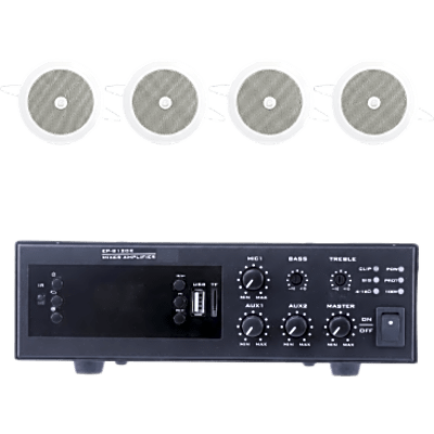 KIT de Amplificador de 120W para Escritorio | 4 Altavoces de Plafón de 4″ | 3 – 6W | Sistema 70/100V