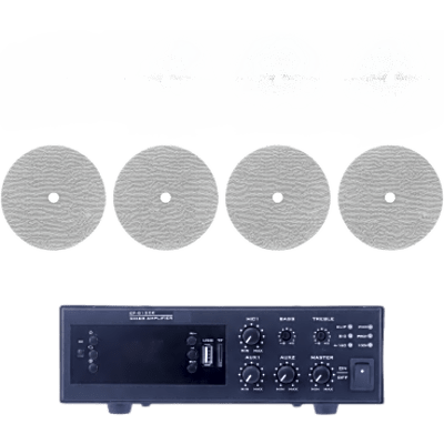 KIT de Amplificador de 120W para Escritorio | 4 Altavoces de Techo de 6″ | 20W | Sistema 70/100V