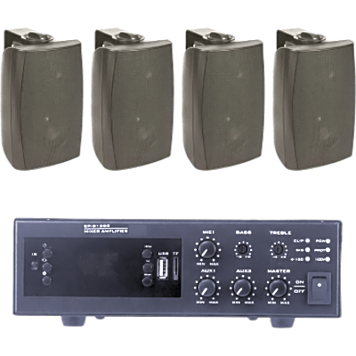 KIT de Amplificador de 120W para Escritorio | 4 Altavoces de Pared color Negro 2.5W – 20W | Sistema 70/100V