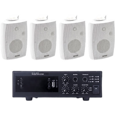 KIT de Amplificador de 120W para Escritorio | 4 Altavoces de Pared color Blanco 2.5W – 20W | Sistema 70/100V