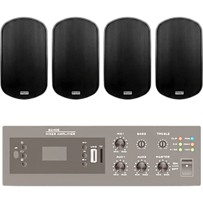 KIT de Amplificador de 240W para Escritorio | 4 Altavoces de Pared color Negro 3W – 50W | Sistema 70/100V