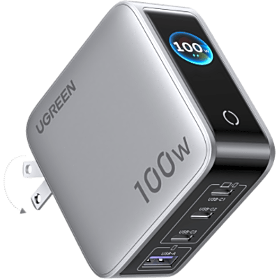 Cargador Rápido GaN / 4 Puertos / 100W / Pantalla TFT Inteligente / Enchufe Plegable / Tecnología AirPyra y GaNInfinity