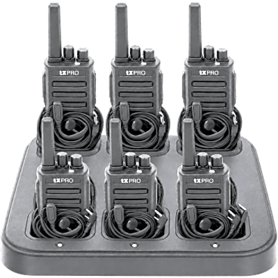 Kit de 6 Radios Portátiles UHF / 16 Canales / Frecuencia 400-470 MHz / Potencia RF 5 W / Batería 2500 mAh / Multicargador incluido / Accesorio de audio